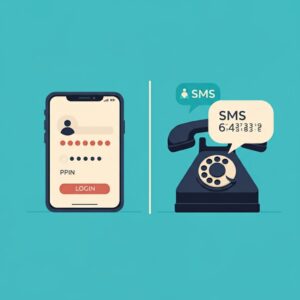 Woordloze vergelijking: links smartphone met pincode-dots (app), rechts telefoon met 6-cijferige sms-code – inloggen met DigiD visueel uitgelegd