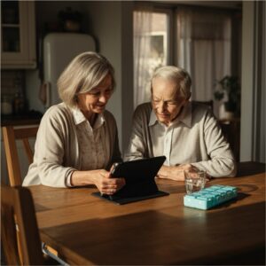 Mantelzorger ondersteunt een senior in een warme Nederlandse huiskamer; een tablet op de salontafel laat zien hoe technologie de zorg thuis overzichtelijker maakt.