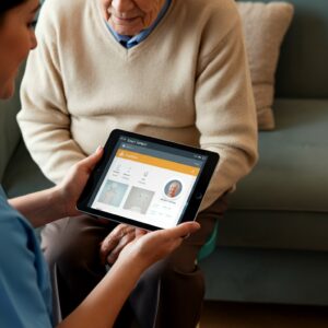 Een mantelzorger toont een oudere man hoe een slim sensorsysteem werkt via een tablet, met focus op moderne zorgtechnologie.