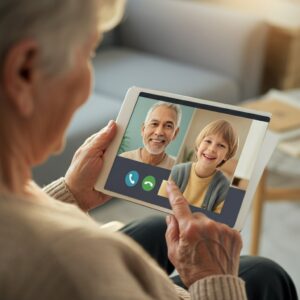 Mantelzorgers slimme technologie: oudere videobelt via tablet met familie voor contact en emotionele steun