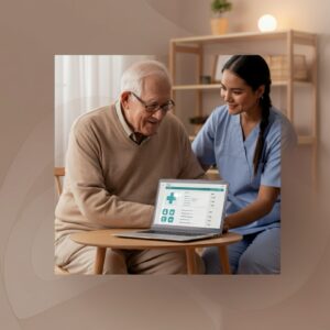 Senior bekijkt medische gegevens in patiëntenportaal op laptop samen met mantelzorger