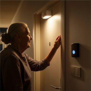 Mantelzorger stelt een warm nachtlicht en deursensor in in een Nederlandse hal, zodat een oudere ’s avonds veilig en gerust door het huis kan bewegen.