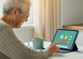 Oudere vrouw gebruikt een tablet in een warme huiskamer, met focus op digitale vaardigheden voor ouderen