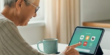 Oudere vrouw gebruikt een tablet in een warme huiskamer, met focus op digitale vaardigheden voor ouderen