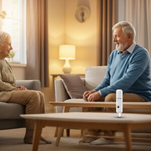 Een ouder echtpaar in een gezellige woonkamer met een slimme sensor op de achtergrond, die veiligheid en zelfstandigheid ondersteunt.
