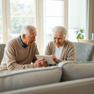 Een ouder echtpaar gebruikt samen een tablet in een moderne woonkamer, als voorbeeld van hoe digitale zorg ouderen kan verbinden en ondersteunen.