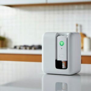 Een slimme medicijndispenser op een aanrecht met een notificatielicht, een voorbeeld van zorgtechnologie die ouderen helpt bij medicatiebeheer.