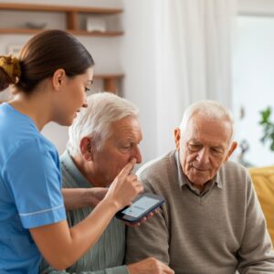 Een mantelzorger helpt een oudere man met het instellen van een slim apparaat, een voorbeeld van slimme technologie in de zorg die gemak en veiligheid biedt.