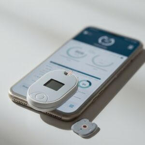 Een moderne glucosemeter gekoppeld aan een smartphone-app, die slimme technologie toont voor gezondheidsmonitoring bij ouderen.