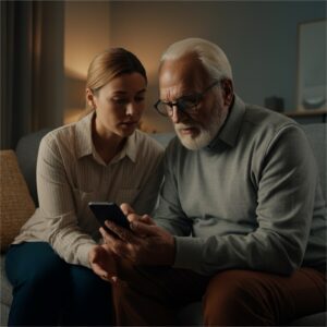 Mantelzorger helpt een senior met het instellen van een smartphone met grote letters en eenvoudige weergave