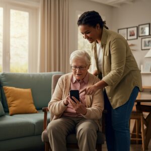 Een jongere vrouw helpt een oudere vrouw met het instellen van een smartphone, gericht op gebruiksvriendelijkheid en digitale veiligheid.