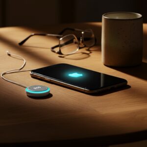 Smartphone voor ouderen met gekoppelde SOS-noodknop op tafel, in een rustige thuissituatie zonder zichtbare merknamen