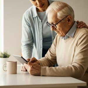 Tablet gebruiken ouderen aan de keukentafel, familielid geeft vriendelijke uitleg op de tablet voor een eenvoudige start