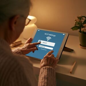 Tablet gebruiken ouderen: close‑up van tablet met Wi‑Fi‑instellingen en geselecteerd thuisnetwerk voor eenvoudige verbinding