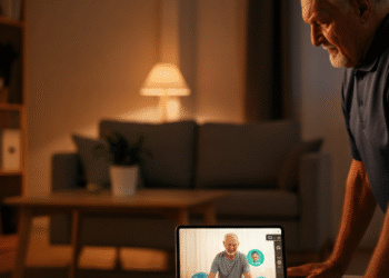 Een oudere man doet thuis fysiotherapie-oefeningen met behulp van een tablet, als voorbeeld van therapie op afstand voor ouderen.