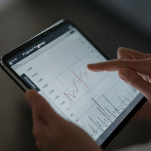 Close-up van een tablet met een voortgangsgrafiek, gebruikt door ouderen om hun herstel te volgen via een AI therapieplatform.