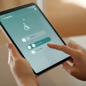 Close-up van een tablet met toegankelijkheidsinstellingen zoals grotere tekst en hoog contrast, bedoeld om digitale vaardigheden van ouderen te ondersteunen