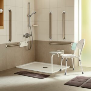 Inloopdouche met antislipmat, wandbeugels en douchekruk voor valpreventie