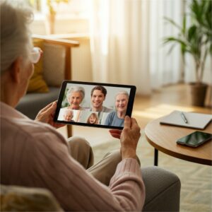 Senior videobelt met mantelzorger op een tablet in een warme Nederlandse huiskamer; de technologie ondersteunt contact en geeft een veilig-thuis-gevoel.