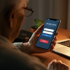 Een oudere persoon kijkt naar een smartphone met een melding over een veilige inlogpoging, gericht op digitale veiligheid en bescherming.