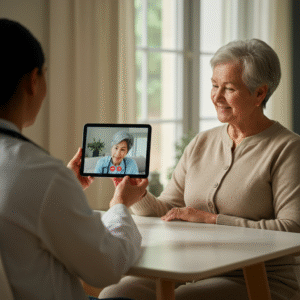 Een zorgprofessional voert een videoconsult met een oudere vrouw die een tablet gebruikt, ondersteund door een AI therapieplatform voor gezondheidszorg op afstand.