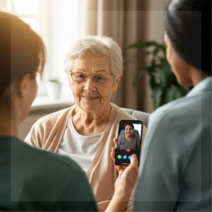 Senior videobelt met mantelzorger