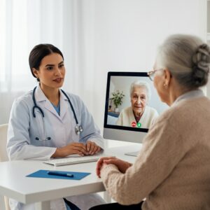 Een arts in een videogesprek met een oudere patiënt, als voorbeeld van hoe videobellen wordt ingezet in de zorg voor ouderen.