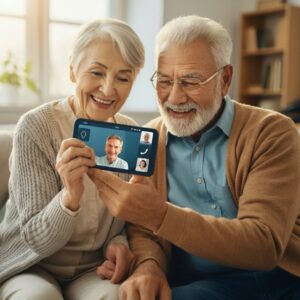 Oud stel videobelt met familie op een smartphone met eenvoudige bediening en duidelijke weergave