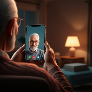Een oudere persoon voert een videogesprek via een smartphone in een gezellige woonkamer, wat verbinding en gebruiksgemak benadrukt.