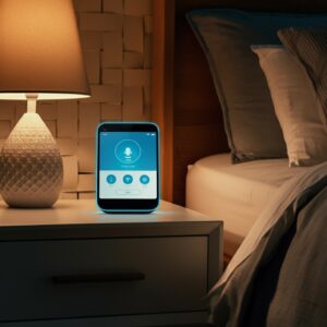 Een virtuele assistent op een nachtkastje met een zachte gloed, een voorbeeld van hoe slimme technologie ouderen ondersteunt in comfort en gemak.