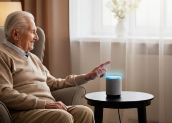 Een oudere persoon gebruikt een virtuele assistent in een gezellige woonkamer om dagelijkse taken eenvoudiger te maken.