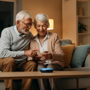 Een oudere persoon gebruikt een virtuele assistent in een warme en gezellige woonkamer, om dagelijkse taken eenvoudiger te maken.