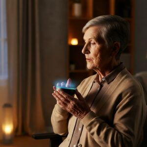 Een oudere persoon gebruikt een virtuele assistent om slimme verlichting in huis te bedienen, in een warme en comfortabele omgeving.