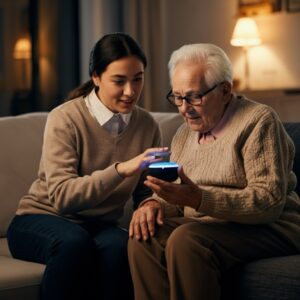 Een familielid helpt een oudere persoon met het instellen van slimme technologie in huis, zoals een virtuele assistent, in een warme woonkamer.