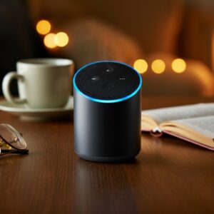 Close-up van een virtuele assistent voor ouderen, geplaatst op een tafel in een gezellige huiselijke omgeving.