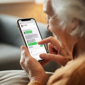 Een oudere persoon verstuurt een bericht via WhatsApp op een smartphone, wat eenvoud en verbinding benadrukt.