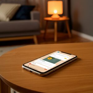 Een smartphone met WhatsApp open, terwijl een oudere persoon de app instelt, wat eenvoud en toegankelijkheid benadrukt.