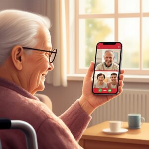 Een vrolijke oudere vrouw in een rolstoel voert een videogesprek met familie via WhatsApp, wat verbinding en gebruiksgemak benadrukt.