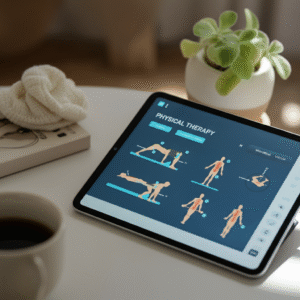 Een tablet toont een moderne fysiotherapie-app in een huiselijke omgeving, als voorbeeld van hoe eHealth ouderen helpt bij zelfstandig herstel.