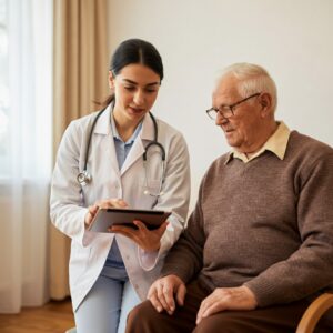 Een zorgprofessional die een app op een tablet uitlegt aan een oudere patiënt, als voorbeeld van zorg op afstand met eHealth.