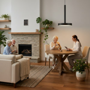 Slimme hanglampen in een gezellige woonkamer, met verstelbare lichtkleuren en een modern ontwerp, ideaal voor ouderen.