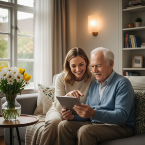 Mantelzorger en oudere kijken samen naar een tablet in een warme sfeer.