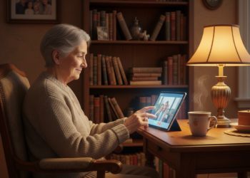 Oudere aan tafel met tablet en kopje thee, gebruikmakend van ChatGPT als digitaal maatje.