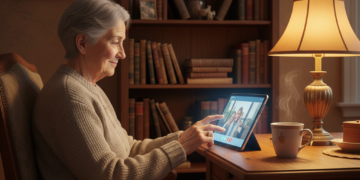 Oudere aan tafel met tablet en kopje thee, gebruikmakend van ChatGPT als digitaal maatje.