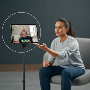 Een fysiotherapeut die via een videogesprek een oudere persoon begeleidt bij fysiotherapieoefeningen.