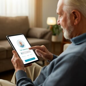 Een senior man die comfortabel in zijn woonkamer zit en een tablet gebruikt met een valdetectie-app, omringd door een veilige en gezellige omgeving.