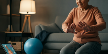 Een oudere persoon die thuis een fysiotherapieoefening doet met een tablet, begeleid door digitale fysiotherapie thuis voor ouderen.