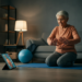 Een oudere persoon die thuis een fysiotherapieoefening doet met een tablet, begeleid door digitale fysiotherapie thuis voor ouderen.