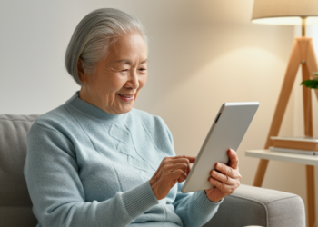 Een senior die glimlachend een tablet gebruikt in een gezellige woonkamer, met een eHealth app die helpt bij zelfstandig wonen.