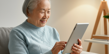 Een senior die glimlachend een tablet gebruikt in een gezellige woonkamer, met een eHealth app die helpt bij zelfstandig wonen.